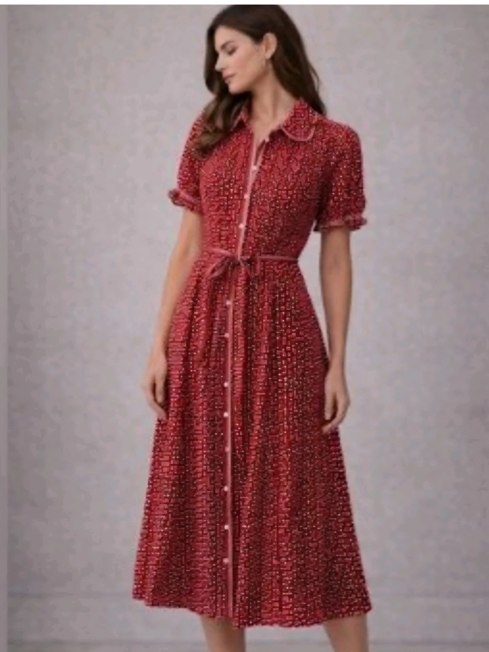 Max Studio Red Button-Front Midi Shirt Dress